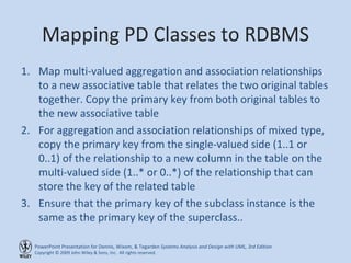 Mapping PD Classes to RDBMS Map multi-valued aggregation and association relationships to a new associative table that relates the two original tables together. Copy the primary key from both original tables to the new associative table For aggregation and association relationships of mixed type, copy the primary key from the single-valued side (1..1 or 0..1) of the relationship to a new column in the table on the multi-valued side (1..* or 0..*) of the relationship that can store the key of the related table Ensure that the primary key of the subclass instance is the same as the primary key of the superclass.. 