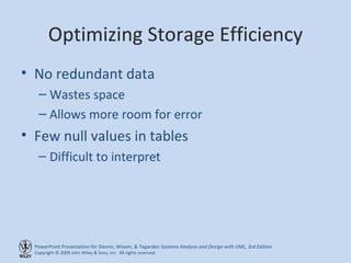 Optimizing Storage Efficiency No redundant data Wastes space Allows more room for error Few null values in tables Difficult to interpret 