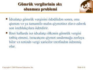 Gö mrük  v ergil ə rinin  əks  olunması problemi İ dxalatçı gömrük vergisini ödədikdən sonra, onu qismən və ya tamamilə malın qiymətinə   əlavə edərək son istehlakçılara ödətdirir.   Bəzi hallarda isə idxalatçı ölkənin gömrük vergisi tətbiq etməsi, ixracatçını qiymət sındırmağa zorlaya bilər və nətiədə vergi xaricilər tərəfindən ödənmiş olar. 