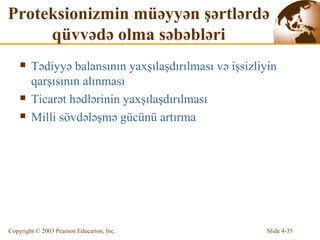Proteksionizmin müəyyən şərtlərdə qüvvədə olma səbəbləri Tədiyyə balansının yaxşılaşdırılması və işsizliyin qarşısının alınması Ticarət hədlərinin yaxşılaşdırılması Milli sövdələşmə gücünü artırma 