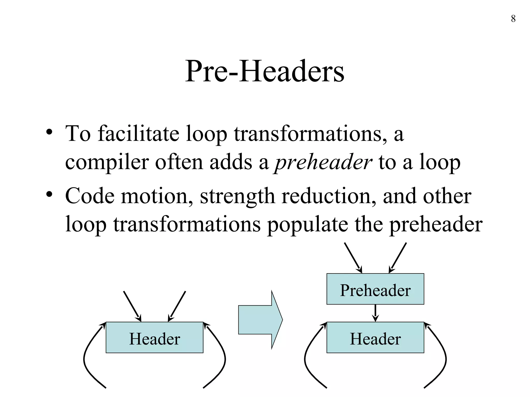 Pre-Headers To facilitate loop transformations, a compiler often adds a  preheader  to a loop Code motion, strength reduction, and other loop transformations populate the preheader Header Header Preheader 