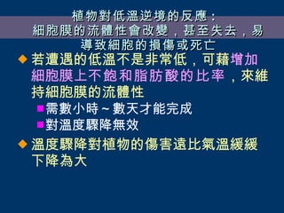 植物對低溫逆境的反應 : 細胞膜的流體性會改變，甚至失去，易導致細胞的損傷或死亡 若遭遇的低溫不是非常低，可藉 增加細胞膜上 不飽和脂肪酸的比率 ，來維持細胞膜的流體性 需數小時～數天才能完成 對溫度驟降無效 溫度驟降對植物的傷害遠比氣溫緩緩下降為大 