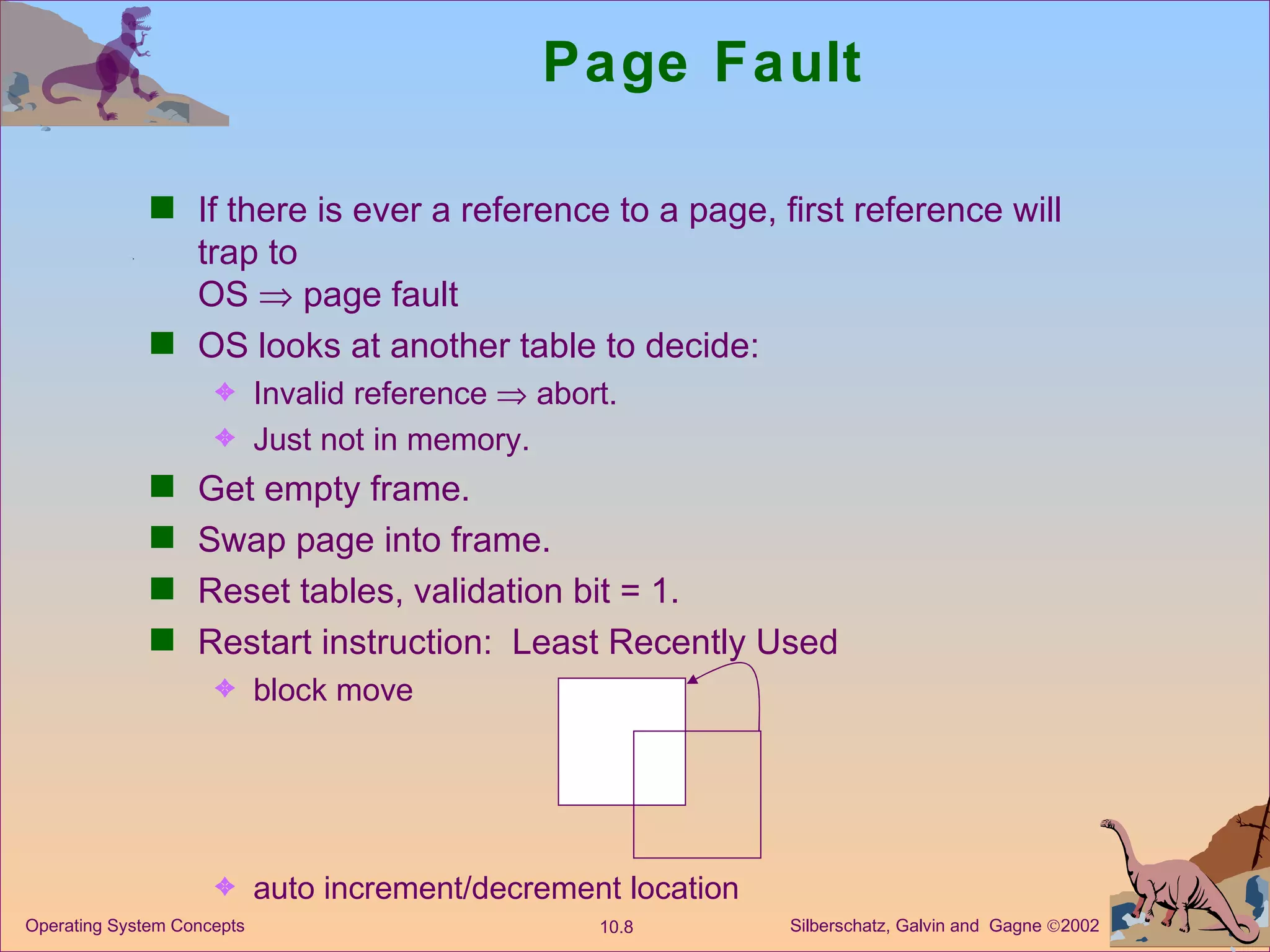 Page Fault If there is ever a reference to a page, first reference will trap to  OS    page fault OS looks at another table to decide: Invalid reference    abort. Just not in memory. Get empty frame. Swap page into frame. Reset tables, validation bit = 1. Restart instruction:  Least Recently Used  block move auto increment/decrement location 