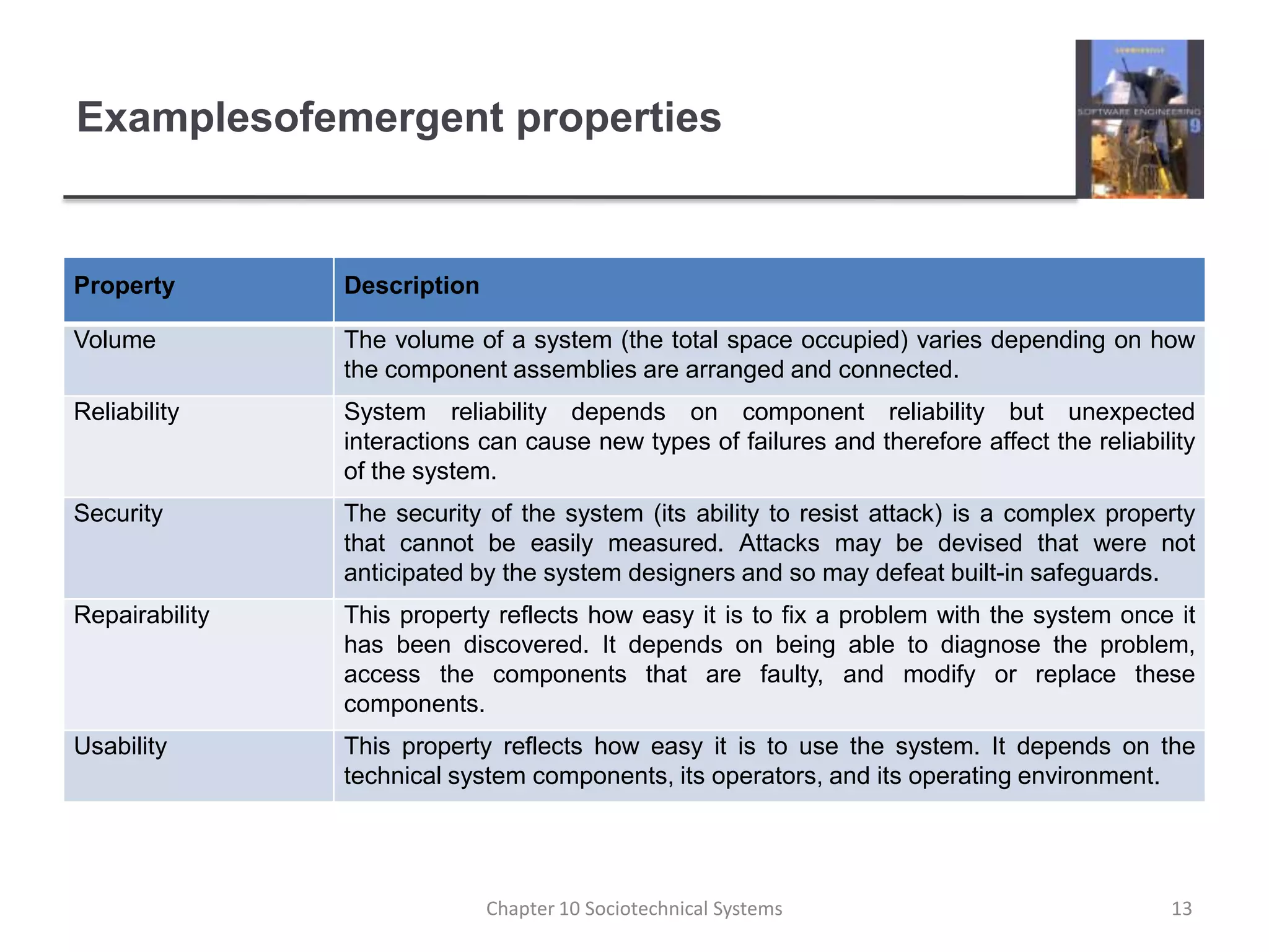 Examplesofemergent properties13Chapter 10 Sociotechnical Systems