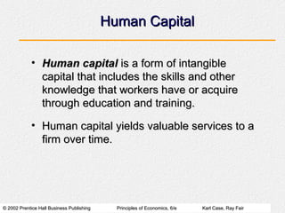 © 2002 Prentice Hall Business Publishing© 2002 Prentice Hall Business Publishing Principles of Economics, 6/ePrinciples of Economics, 6/e Karl Case, Ray FairKarl Case, Ray Fair
Human CapitalHuman Capital
• Human capitalHuman capital is a form of intangibleis a form of intangible
capital that includes the skills and othercapital that includes the skills and other
knowledge that workers have or acquireknowledge that workers have or acquire
through education and training.through education and training.
• Human capital yields valuable services to aHuman capital yields valuable services to a
firm over time.firm over time.
 