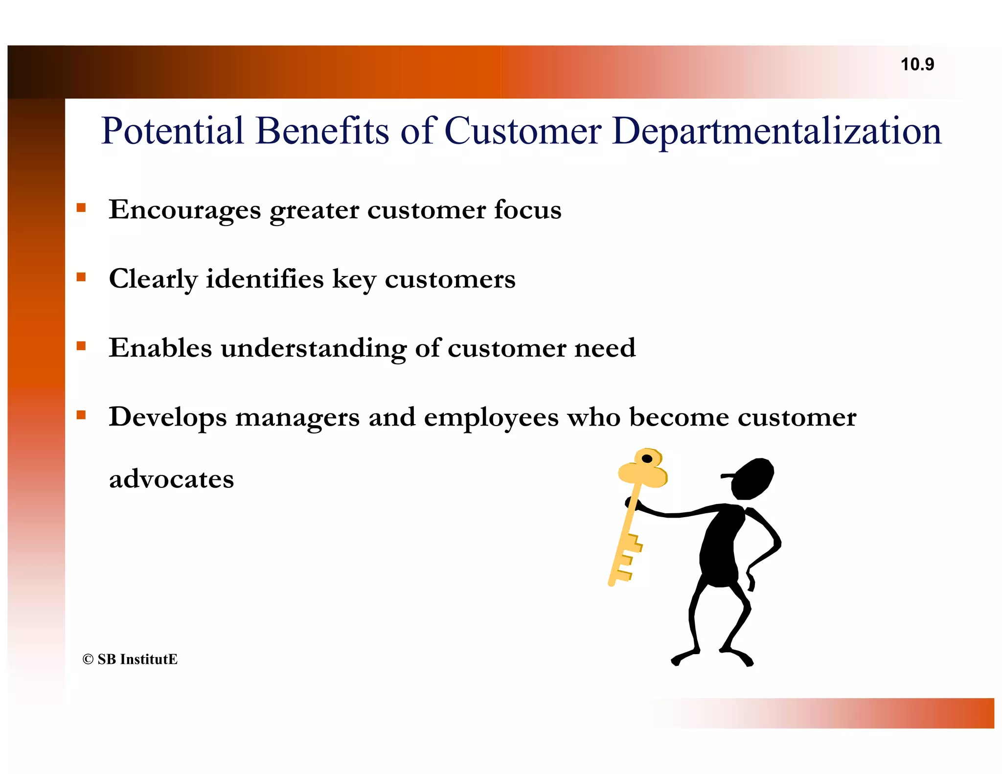 10.9



  Potential Benefits of Customer Departmentalization
   Encourages greater customer focus

   Clearly identifies key customers

   Enables understanding of customer need

   Develops managers and employees who become customer

   advocates




© SB InstitutE
 