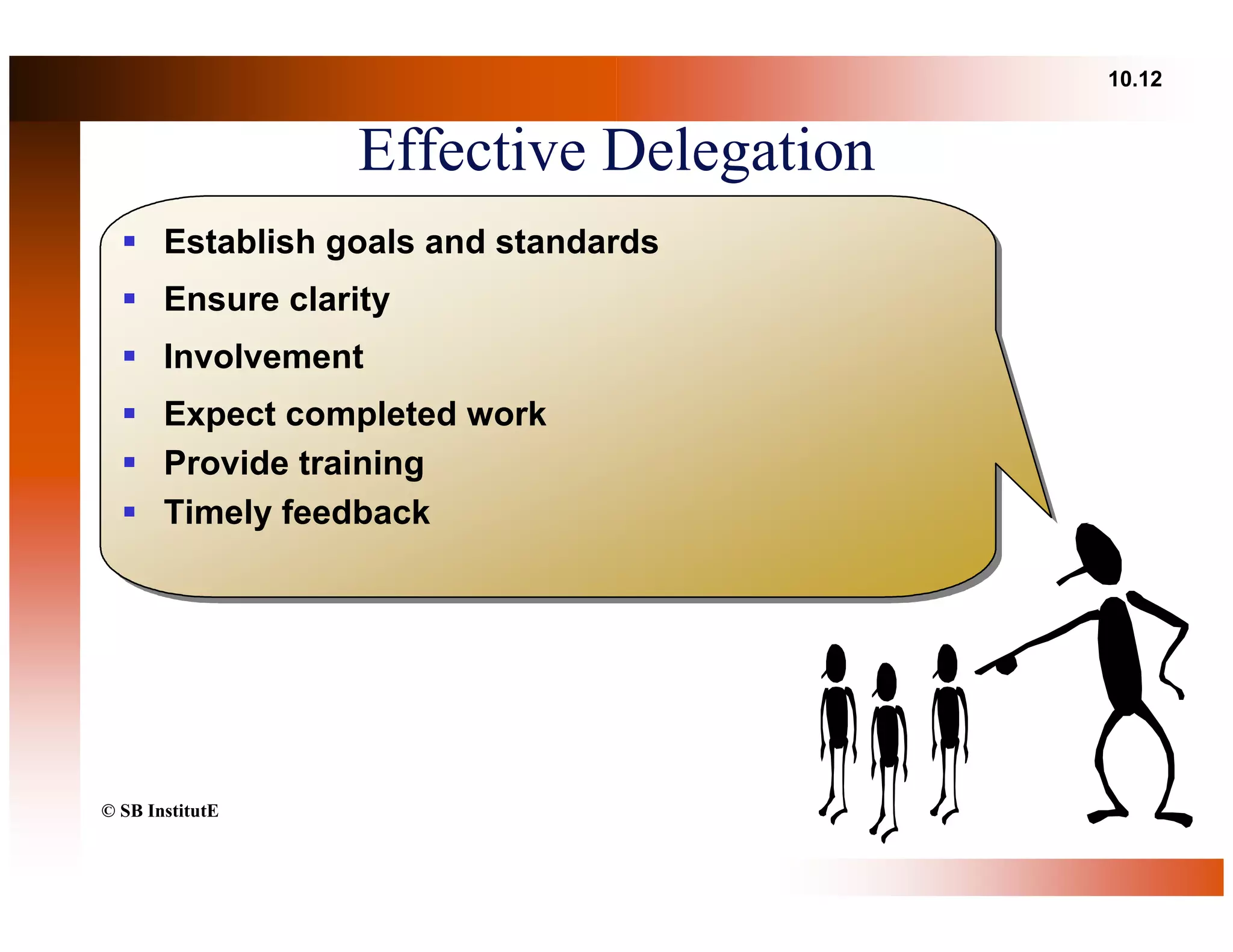 10.12


                  Effective Delegation
       Establish goals and standards
       Ensure clarity
       Involvement
       Expect completed work
       Provide training
       Timely feedback




© SB InstitutE
 