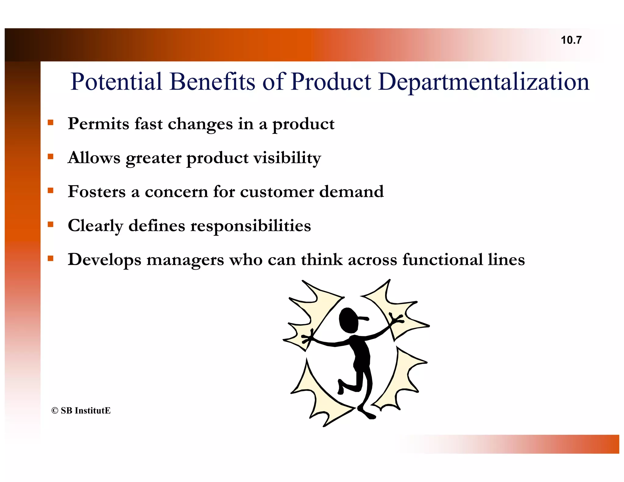 10.7



    Potential Benefits of Product Departmentalization
   Permits fast changes in a product
   Allows greater product visibility
   Fosters a concern for customer demand
   Clearly defines responsibilities
   Develops managers who can think across functional lines




© SB InstitutE
 