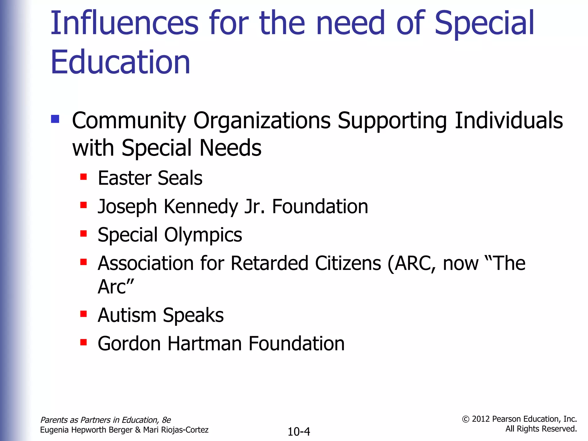 Influences for the need of Special Education Community Organizations Supporting Individuals with Special Needs Easter Seals Joseph Kennedy Jr. Foundation Special Olympics Association for Retarded Citizens (ARC, now  “The Arc” Autism Speaks Gordon Hartman Foundation 