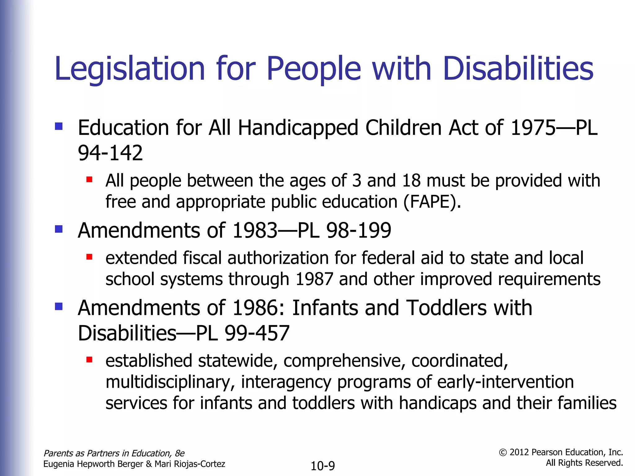 Legislation for People with Disabilities Education for All Handicapped Children Act of 1975—PL 94-142  All people between the ages of 3 and 18 must be provided with free and appropriate public education (FAPE). Amendments of 1983—PL 98-199 extended fiscal authorization for federal aid to state and local school systems through 1987 and other improved requirements Amendments of 1986: Infants and Toddlers with Disabilities—PL 99-457 established statewide, comprehensive, coordinated,  multidisciplinary, interagency programs of early-intervention services for infants and toddlers with handicaps and their families 