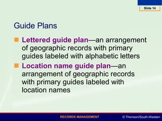 Guide Plans Lettered guide plan —an arrangement of geographic records with primary guides labeled with alphabetic letters  Location name guide plan —an arrangement of geographic records with primary guides labeled with location names  