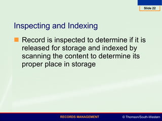 Inspecting and Indexing Record is inspected to determine if it is released for storage and indexed by scanning the content to determine its proper place in storage 