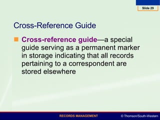 Cross-Reference Guide Cross-reference guide —a special guide serving as a permanent marker in storage indicating that all records pertaining to a correspondent are stored elsewhere  