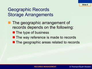 Geographic Records  Storage Arrangements  The geographic arrangement of records depends on the following:  The type of business The way reference is made to records  The geographic areas related to records 