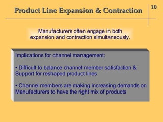 Product Line Expansion & Contraction 10 Manufacturers often engage in both expansion and contraction simultaneously. Implications for channel management: •  Difficult to balance channel member satisfaction & Support for reshaped product lines •  Channel members are making increasing demands on  Manufacturers to have the right mix of products 