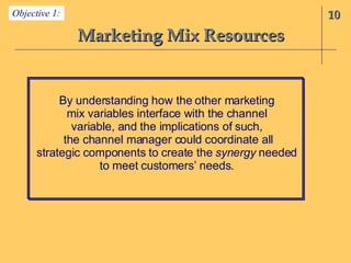 Marketing Mix Resources 10 Objective 1: By understanding how the other marketing mix variables interface with the channel variable, and the implications of such, the channel manager could coordinate all strategic components to create the  synergy  needed to meet customers’ needs. 