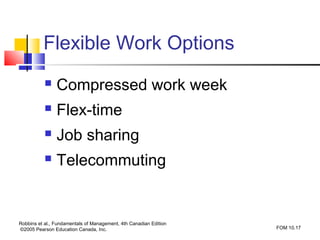 Flexible Work Options
               Compressed work week
               Flex-time
               Job sharing
               Telecommuting


Robbins et al., Fundamentals of Management, 4th Canadian Edition
©2005 Pearson Education Canada, Inc.                               FOM 10.17
 