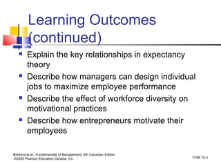 Learning Outcomes
         (continued)
       Explain the key relationships in expectancy
        theory
       Describe how managers can design individual
        jobs to maximize employee performance
       Describe the effect of workforce diversity on
        motivational practices
       Describe how entrepreneurs motivate their
        employees

Robbins et al., Fundamentals of Management, 4th Canadian Edition
©2005 Pearson Education Canada, Inc.                               FOM 10.3
 