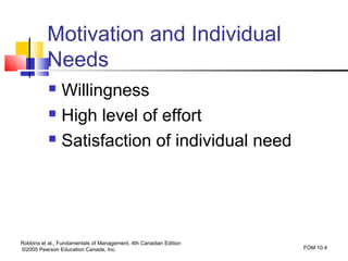 Motivation and Individual
          Needs
            Willingness
            High level of effort

            Satisfaction of individual need




Robbins et al., Fundamentals of Management, 4th Canadian Edition
©2005 Pearson Education Canada, Inc.                               FOM 10.4
 
