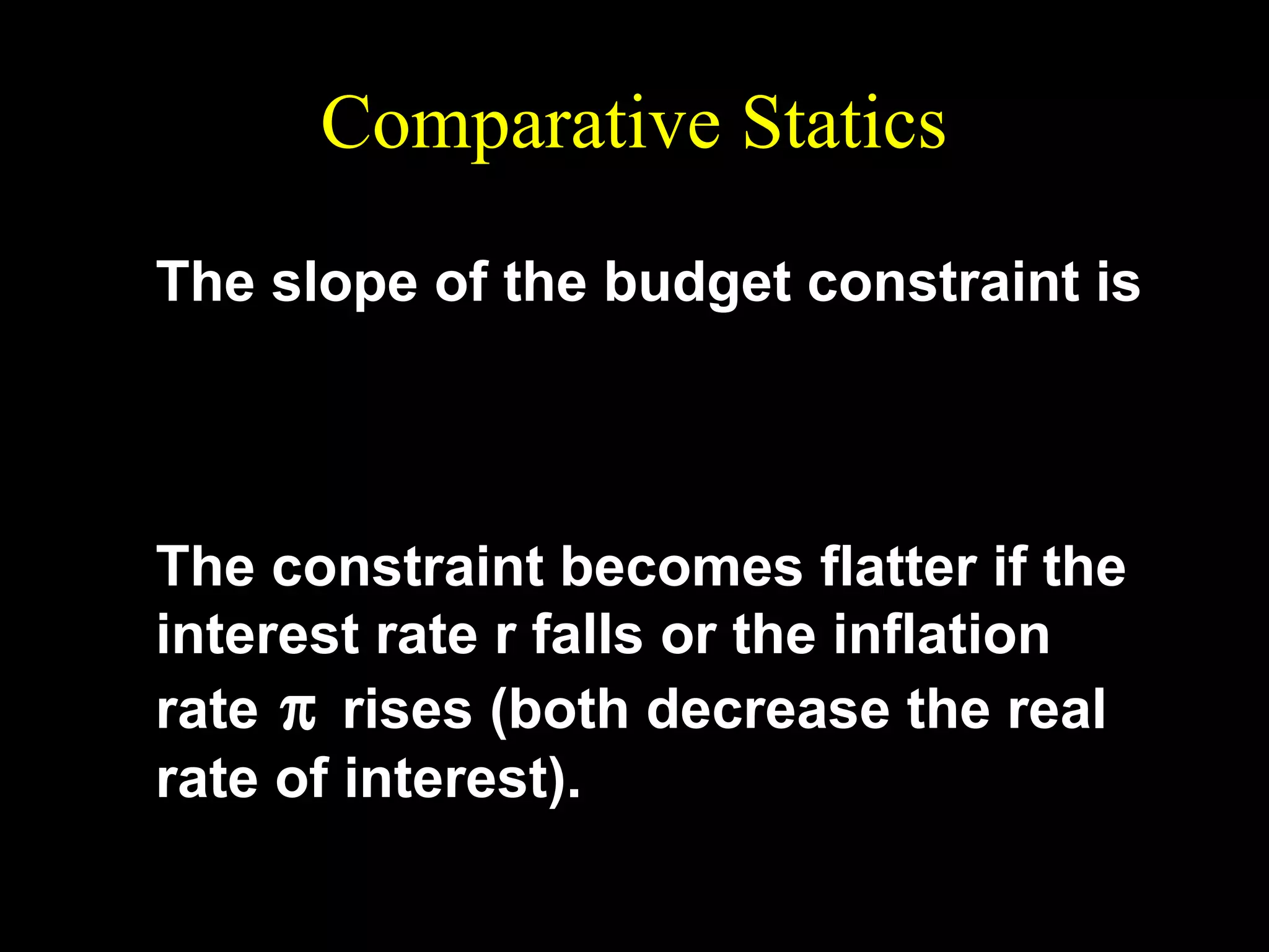 Comparative Statics
The slope of the budget constraint is

1+ r
− (1 + ρ) = −
.
1+ π
The constraint becomes flatter if the
interest rate r falls or the inflation
rate π rises (both decrease the real
rate of interest).

 