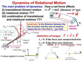 Dynamics of Rotational Motion
The main problem of dynamics: How a net force affects
(i) translational (linear) motion (Newtons’ 2nd
law)
(ii) rotational motion ???
(iii) combination of translational
and rotational motions ???
amF

=⇒
m F

αz
Axis of
rotation
a

Level arm l is the distance between the
line of action and the axis of rotation,
measured on a line that is to both.⊥
Definition of torque: Fr

×=τ
A torque applied to a door
Units: [ τ ] = newton·meter = N·m
τz > 0 if the force acts counterclockwise
τz < 0 if the force acts clockwise
 