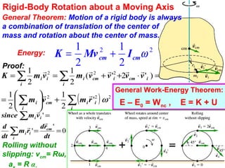 Rigid-Body Rotation about a Moving Axis
22
2
1
2
1
ωcmcm IMvK +=
Proof:
General Theorem: Motion of a rigid body is always
a combination of translation of the center of
mass and rotation about the center of mass.
( )∑∑
∑ ∑
+





=
=⋅++==
i
iicm
i
i
icm
i i
icmiii
rmvm
vvvvmvmK
222
222
'
2
1
2
1
)'2'(
2
1
2
1
ω


Rolling without
slipping: vcm= Rω,
a = R α
Energy:
General Work-Energy Theorem:
E – E0 = Wnc , E = K + U
∑
∑
==
=
i
cm
ii
ii
dt
rd
rm
dt
d
vmncesi
0
'
'
'



 