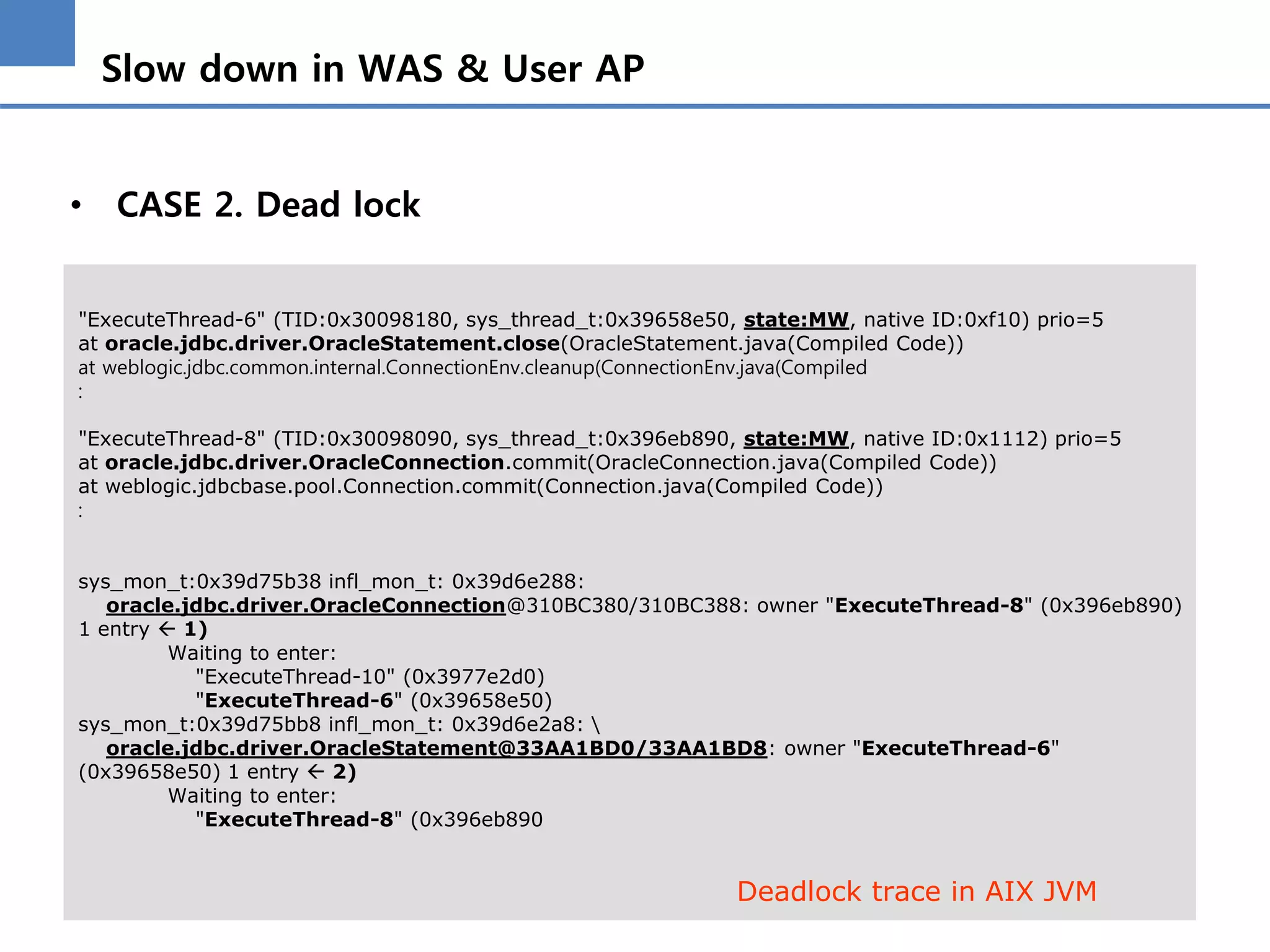 Slow down in WAS & User AP
• CASE 2. Dead lock
"ExecuteThread-6" (TID:0x30098180, sys_thread_t:0x39658e50, state:MW, native ID:0xf10) prio=5
at oracle.jdbc.driver.OracleStatement.close(OracleStatement.java(Compiled Code))
at weblogic.jdbc.common.internal.ConnectionEnv.cleanup(ConnectionEnv.java(Compiled
:
"ExecuteThread-8" (TID:0x30098090, sys_thread_t:0x396eb890, state:MW, native ID:0x1112) prio=5
at oracle.jdbc.driver.OracleConnection.commit(OracleConnection.java(Compiled Code))
at weblogic.jdbcbase.pool.Connection.commit(Connection.java(Compiled Code))
:
sys_mon_t:0x39d75b38 infl_mon_t: 0x39d6e288:
oracle.jdbc.driver.OracleConnection@310BC380/310BC388: owner "ExecuteThread-8" (0x396eb890)
1 entry  1)
Waiting to enter:
"ExecuteThread-10" (0x3977e2d0)
"ExecuteThread-6" (0x39658e50)
sys_mon_t:0x39d75bb8 infl_mon_t: 0x39d6e2a8: 
oracle.jdbc.driver.OracleStatement@33AA1BD0/33AA1BD8: owner "ExecuteThread-6"
(0x39658e50) 1 entry  2)
Waiting to enter:
"ExecuteThread-8" (0x396eb890
Deadlock trace in AIX JVM
 