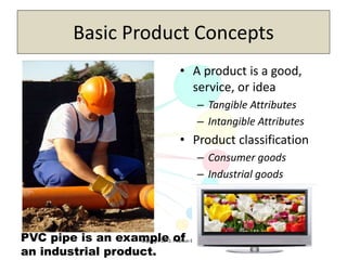 Copyright 2013, Pearson Education
Basic Product Concepts
• A product is a good,
service, or idea
– Tangible Attributes
– Intangible Attributes
• Product classification
– Consumer goods
– Industrial goods
PVC pipe is an example of
an industrial product.
 