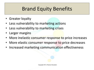 Copyright 2013, Pearson Education
Brand Equity Benefits
• Greater loyalty
• Less vulnerability to marketing actions
• Less vulnerability to marketing crises
• Larger margins
• More inelastic consumer response to price increases
• More elastic consumer response to price decreases
• Increased marketing communication effectiveness
 