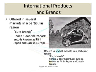 Copyright 2013, Pearson Education
International Products
and Brands
• Offered in several
markets in a particular
region
– ‘Euro-brands’
– Honda 5-door hatchback
auto is known as Fit in
Japan and Jazz in Europe
Offered in several markets in a particular
region
‘Euro-brands’
Honda 5-door hatchback auto is
known as Fit in Japan and Jazz in
Europe
 