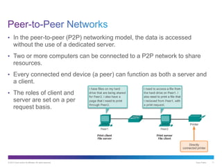 © 2013 Cisco and/or its affiliates. All rights reserved. Cisco Public 11
• In the peer-to-peer (P2P) networking model, the data is accessed
without the use of a dedicated server.
• Two or more computers can be connected to a P2P network to share
resources.
• Every connected end device (a peer) can function as both a server and
a client.
• The roles of client and
server are set on a per
request basis.
 