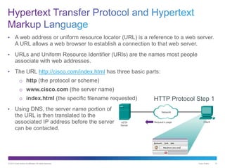 © 2013 Cisco and/or its affiliates. All rights reserved. Cisco Public 16
• A web address or uniform resource locator (URL) is a reference to a web server.
A URL allows a web browser to establish a connection to that web server.
• URLs and Uniform Resource Identifier (URIs) are the names most people
associate with web addresses.
• The URL http://cisco.com/index.html has three basic parts:
o http (the protocol or scheme)
o www.cisco.com (the server name)
o index.html (the specific filename requested)
• Using DNS, the server name portion of
the URL is then translated to the
associated IP address before the server
can be contacted.
HTTP Protocol Step 1
 