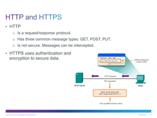© 2013 Cisco and/or its affiliates. All rights reserved. Cisco Public 18
• HTTP
o Is a request/response protocol.
o Has three common message types: GET, POST, PUT.
o Is not secure. Messages can be intercepted.
• HTTPS uses authentication and
encryption to secure data.
 