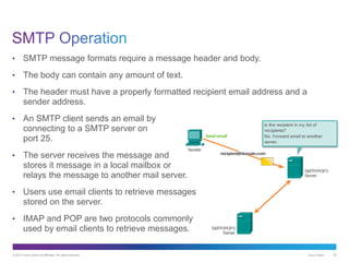 © 2013 Cisco and/or its affiliates. All rights reserved. Cisco Public 20
• SMTP message formats require a message header and body.
• The body can contain any amount of text.
• The header must have a properly formatted recipient email address and a
sender address.
• An SMTP client sends an email by
connecting to a SMTP server on
port 25.
• The server receives the message and
stores it message in a local mailbox or
relays the message to another mail server.
• Users use email clients to retrieve messages
stored on the server.
• IMAP and POP are two protocols commonly
used by email clients to retrieve messages.
 