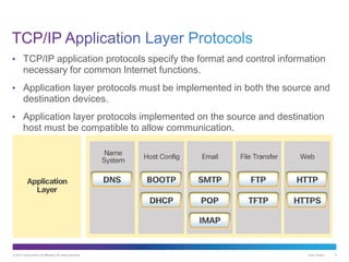 © 2013 Cisco and/or its affiliates. All rights reserved. Cisco Public 8
• TCP/IP application protocols specify the format and control information
necessary for common Internet functions.
• Application layer protocols must be implemented in both the source and
destination devices.
• Application layer protocols implemented on the source and destination
host must be compatible to allow communication.
 