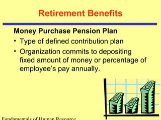 Retirement Benefits
Money Purchase Pension Plan
• Type of defined contribution plan
• Organization commits to depositing
fixed amount of money or percentage of
employee’s pay annually.
 