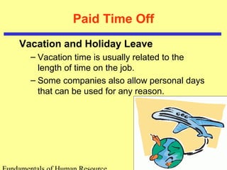 Paid Time Off
Vacation and Holiday Leave
– Vacation time is usually related to the
length of time on the job.
– Some companies also allow personal days
that can be used for any reason.
 