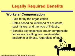 Legally Required Benefits
Workers’ Compensation
– Paid for by the organization
– Rates based on likelihood of accidents,
past history, and the type of industry.
– Benefits pay expenses and/or compensate
for losses resulting from work-related
accidents or illness, regardless of fault.
 