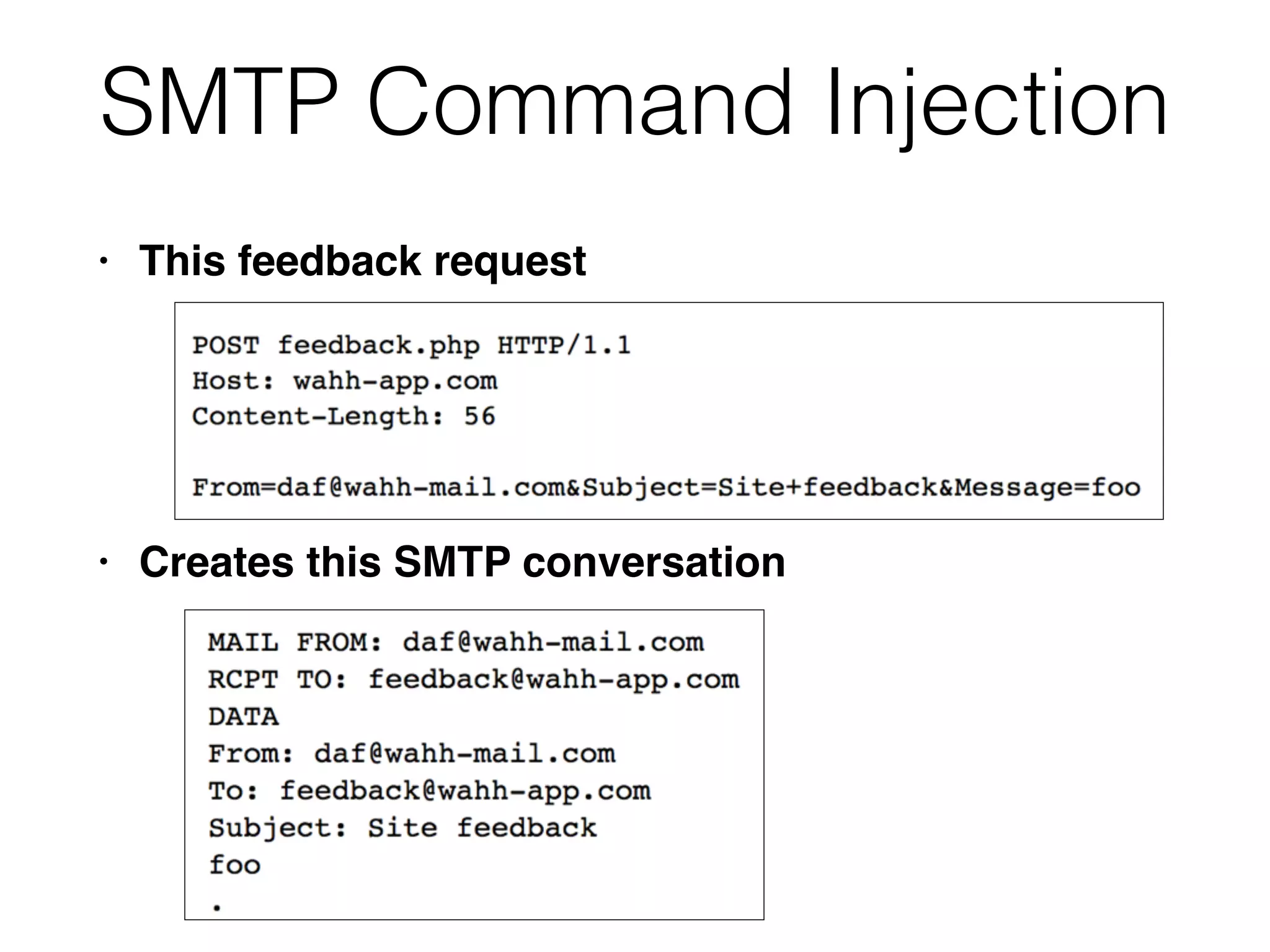 SMTP Command Injection
• This feedback request
• Creates this SMTP conversation
 