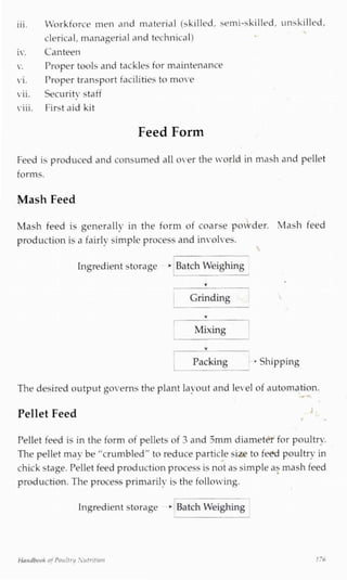 iii. Workforce men and material (skilled, semi-skilled, unskilled,
clerical, managerial and technical)
iv. Canteen
v. Proper tools and tackles for maintenance
vi. Proper transport facilities to move
vii. Security staff
viii. First aid kit
Feed Form
Feed is produced and consumed all over the world in mash and pellet
forms.
Mash Feed
Mash feed is generally in the form of coarse powder. Mash feed
production is a fairly simple process and involves.

Ingredient storage ÿ
Batch Weighing
y
Grinding
Mixing
_x_
Packing ~* Shipping
The desired output governs the plant layout and level of automation.
Pellet Feed
Pellet feed is in the form of pellets of 3 and 5mm diameter for poultry.
The pellet may be "crumbled" to reduce particle size to feed poultry in
chick stage. Pellet feed production process is not as simple as mash feed
production. The process primarily is the following. ÿ
Ingredient storage * Batch Weighing
Handbook of Poultry Sutrition 176
 