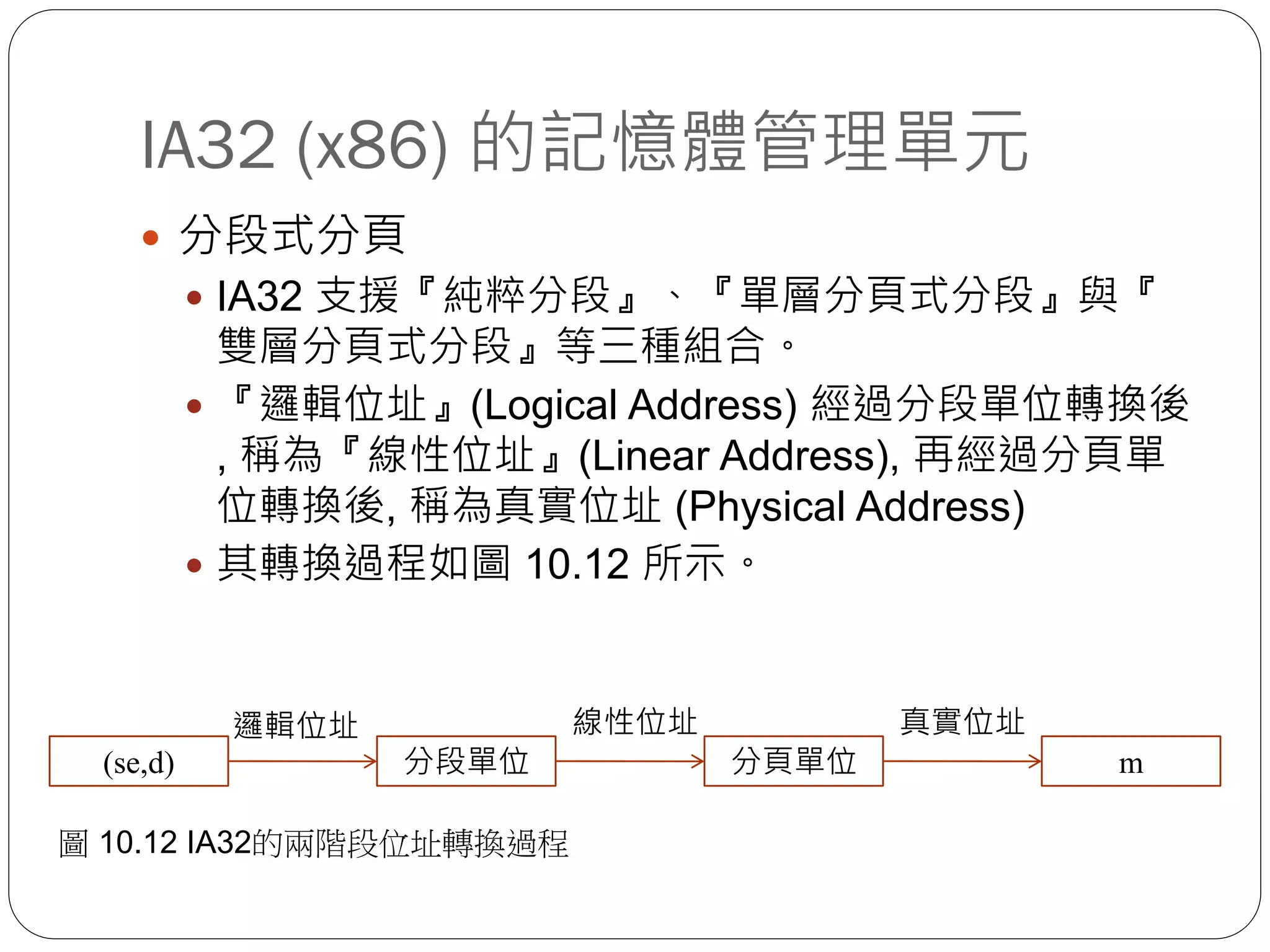 IA32 (x86) 的記憶體管理單元
 分段式分頁
 IA32 支援『純粹分段』、『單層分頁式分段』與『
雙層分頁式分段』等三種組合。
 『邏輯位址』(Logical Address) 經過分段單位轉換後
, 稱為『線性位址』(Linear Address), 再經過分頁單
位轉換後, 稱為真實位址 (Physical Address)
 其轉換過程如圖 10.12 所示。
邏輯位址
(se,d) 分段單位 分頁單位 m
線性位址 真實位址
圖 10.12 IA32的兩階段位址轉換過程
 