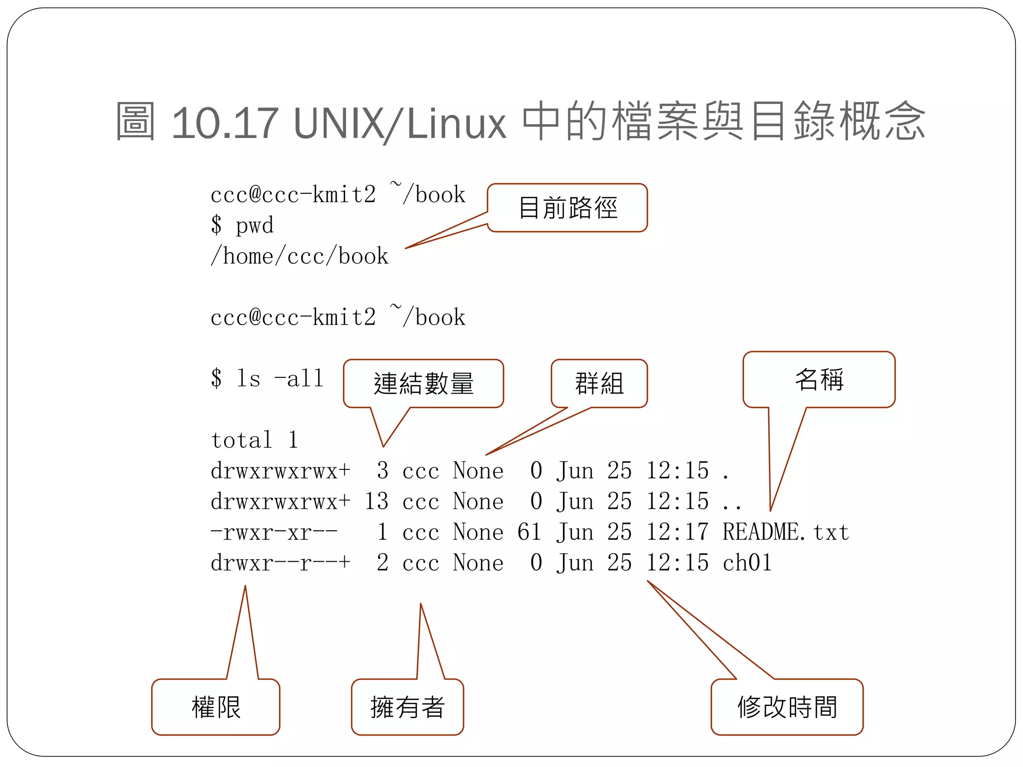 圖 10.17 UNIX/Linux 中的檔案與目錄概念
ccc@ccc-kmit2 ~/book
$ pwd
/home/ccc/book
ccc@ccc-kmit2 ~/book
$ ls -all
total 1
drwxrwxrwx+ 3 ccc None 0 Jun 25 12:15 .
drwxrwxrwx+ 13 ccc None 0 Jun 25 12:15 ..
-rwxr-xr-- 1 ccc None 61 Jun 25 12:17 README.txt
drwxr--r--+ 2 ccc None 0 Jun 25 12:15 ch01
權限 修改時間擁有者
連結數量
目前路徑
名稱群組
 
