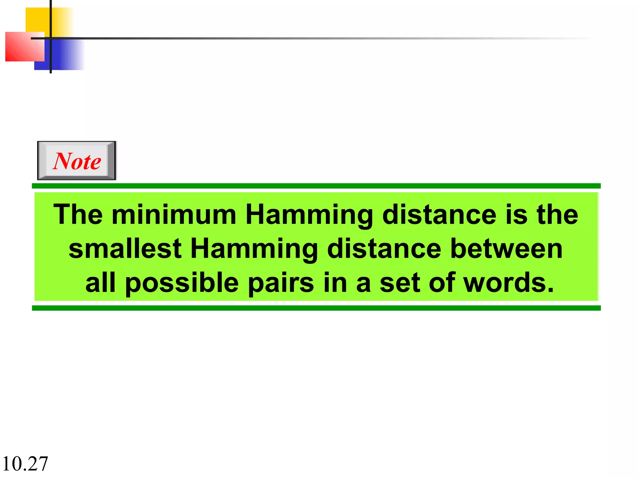 10.27
The minimum Hamming distance is the
smallest Hamming distance between
all possible pairs in a set of words.
Note
 