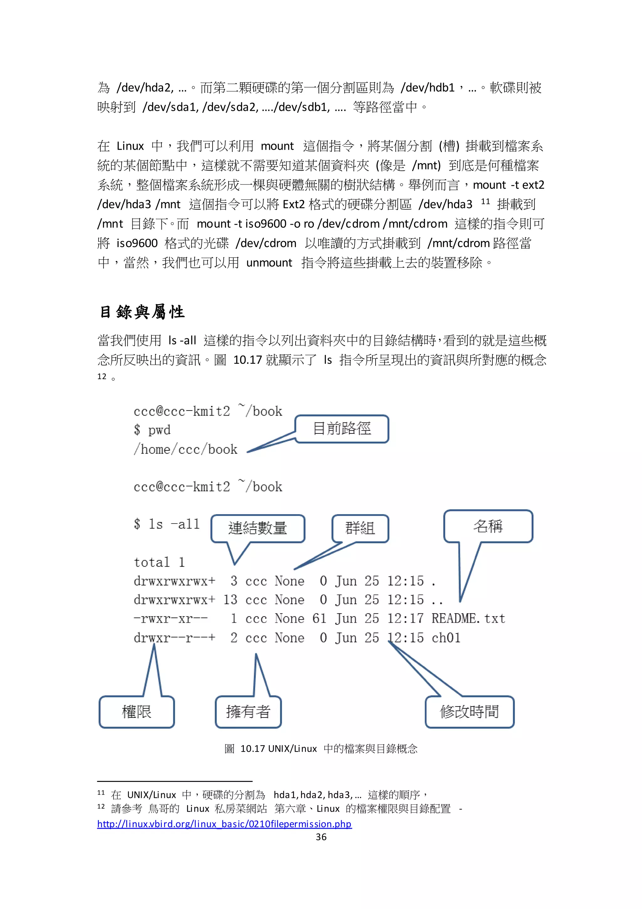 36
為 /dev/hda2, …。而第二顆硬碟的第一個分割區則為 /dev/hdb1，…。軟碟則被
映射到 /dev/sda1, /dev/sda2, …./dev/sdb1, …. 等路徑當中。
在 Linux 中，我們可以利用 mount 這個指令，將某個分割 (槽) 掛載到檔案系
統的某個節點中，這樣就不需要知道某個資料夾 (像是 /mnt) 到底是何種檔案
系統，整個檔案系統形成一棵與硬體無關的樹狀結構。舉例而言，mount -t ext2
/dev/hda3 /mnt 這個指令可以將 Ext2 格式的硬碟分割區 /dev/hda3 11 掛載到
/mnt 目錄下。而 mount -t iso9600 -o ro /dev/cdrom /mnt/cdrom 這樣的指令則可
將 iso9600 格式的光碟 /dev/cdrom 以唯讀的方式掛載到 /mnt/cdrom 路徑當
中，當然，我們也可以用 unmount 指令將這些掛載上去的裝置移除。
目錄與屬性
當我們使用 ls -all 這樣的指令以列出資料夾中的目錄結構時，看到的就是這些概
念所反映出的資訊。圖 10.17 就顯示了 ls 指令所呈現出的資訊與所對應的概念
12。
圖 10.17 UNIX/Linux 中的檔案與目錄概念
11 在 UNIX/Linux 中，硬碟的分割為 hda1,hda2, hda3, … 這樣的順序，
12 請參考 鳥哥的 Linux 私房菜網站 第六章、Linux 的檔案權限與目錄配置 -
http://linux.vbird.org/linux_basic/0210filepermission.php
 