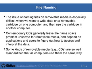 Silberschatz and Galvin199913.28Operating System Concepts Silberschatz and Galvin19995.28Operating System Concepts Silberschatz and Galvin 19994.28
28 toOperating System Concepts | Silberschatz and Galvin 1999https://github.com/syaifulahdan/ 32
File Naming
• The issue of naming files on removable media is especially
difficult when we want to write data on a removable
cartridge on one computer, and then use the cartridge in
another computer.
• Contemporary OSs generally leave the name space
problem unsolved for removable media, and depend on
applications and users to figure out how to access and
interpret the data.
• Some kinds of removable media (e.g., CDs) are so well
standardized that all computers use them the same way.
 