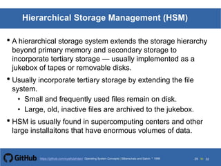 Silberschatz and Galvin199913.29Operating System Concepts Silberschatz and Galvin19995.29Operating System Concepts Silberschatz and Galvin 19994.29
29 toOperating System Concepts | Silberschatz and Galvin 1999https://github.com/syaifulahdan/ 32
Hierarchical Storage Management (HSM)
• A hierarchical storage system extends the storage hierarchy
beyond primary memory and secondary storage to
incorporate tertiary storage — usually implemented as a
jukebox of tapes or removable disks.
• Usually incorporate tertiary storage by extending the file
system.
• Small and frequently used files remain on disk.
• Large, old, inactive files are archived to the jukebox.
• HSM is usually found in supercomputing centers and other
large installaitons that have enormous volumes of data.
 