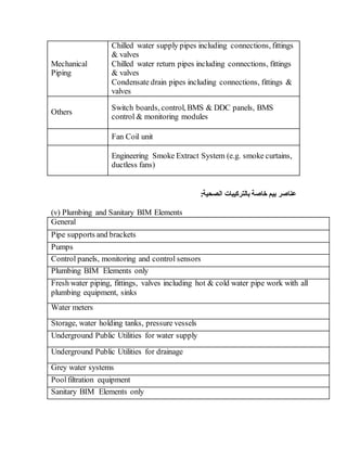 Mechanical
Piping
Chilled water supply pipes including connections, fittings
& valves
Chilled water return pipes including connections, fittings
& valves
Condensate drain pipes including connections, fittings &
valves
Others
Switch boards, control, BMS & DDC panels, BMS
control & monitoring modules
Fan Coil unit
Engineering Smoke Extract System (e.g. smoke curtains,
ductless fans)
:‫الصحية‬ ‫بالتركيبات‬ ‫خاصة‬ ‫بيم‬ ‫عناصر‬
(v) Plumbing and Sanitary BIM Elements
General
Pipe supports and brackets
Pumps
Control panels, monitoring and control sensors
Plumbing BIM Elements only
Fresh water piping, fittings, valves including hot & cold water pipe work with all
plumbing equipment, sinks
Water meters
Storage, water holding tanks, pressure vessels
Underground Public Utilities for water supply
Underground Public Utilities for drainage
Grey water systems
Poolfiltration equipment
Sanitary BIM Elements only
 