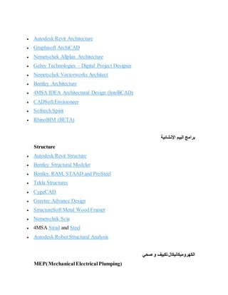  Autodesk Revit Architecture
 Graphisoft ArchiCAD
 Nemetschek Allplan Architecture
 Gehry Technologies – Digital Project Designer
 Nemetschek Vectorworks Architect
 Bentley Architecture
 4MSA IDEA Architectural Design (IntelliCAD)
 CADSoft Envisioneer
 Softtech Spirit
 RhinoBIM (BETA)
‫اإلنشائية‬ ‫البيم‬ ‫برامج‬
Structure
 Autodesk Revit Structure
 Bentley Structural Modeler
 Bentley RAM, STAAD and ProSteel
 Tekla Structures
 CypeCAD
 Graytec Advance Design
 StructureSoft Metal Wood Framer
 Nemetschek Scia
 4MSA Strad and Steel
 Autodesk RobotStructural Analysis
‫الكهروميكانيك‬
‫ا‬
‫صحي‬ ‫و‬ ‫تكييف‬‫ل‬
MEP(MechanicalElectricalPlumping)
 