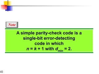 41
A simple parity-check code is a
single-bit error-detecting
code in which
n = k + 1 with dmin
= 2.
Note
 