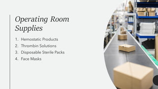 Operating Room
Supplies
1. Hemostatic Products
2. Thrombin Solutions
3. Disposable Sterile Packs
4. Face Masks
 